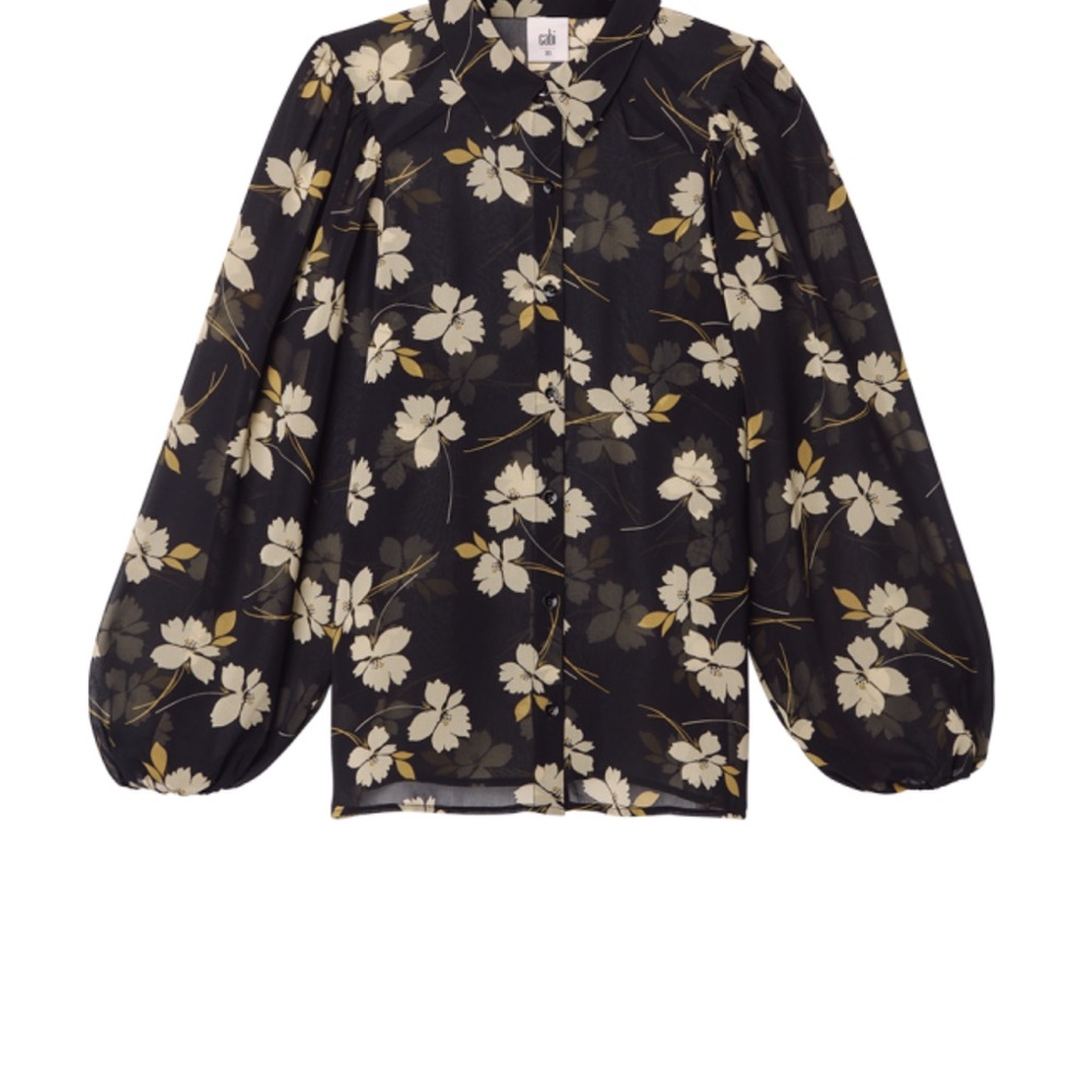 CAbi Black and White Floral Sheer Blouse with Notched Collar - Picture 4 of 6